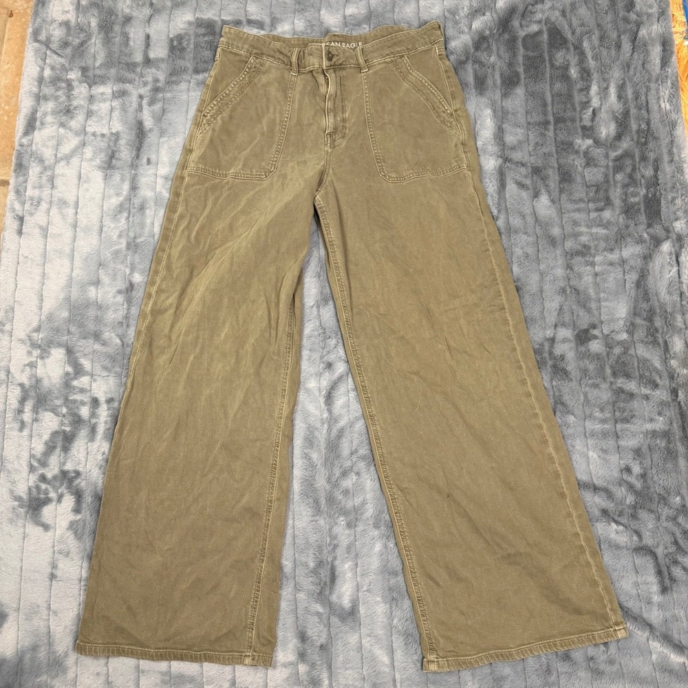 American Eagle Super High Rise Baggy Wide Leg Pant Olive Green Womens 14 Regular